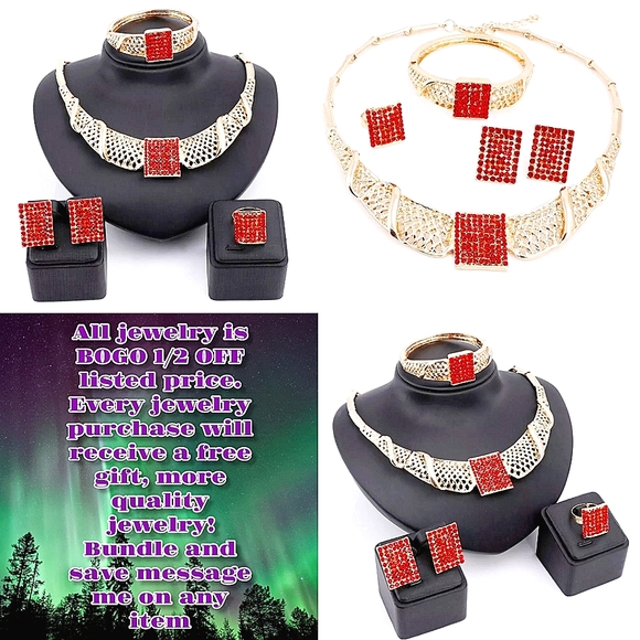 18k gold plated red crystal Necklace earrings bracelet ring set - Picture 2 of 14